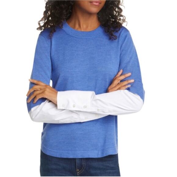 Veronica Beard Sweater Top Women Large Blue White Roscoe Merino Wool Mixed Media - Picture 1 of 9